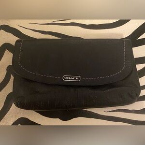 Coach Black Leather Foldover Clutch with Emerald Satin Interior